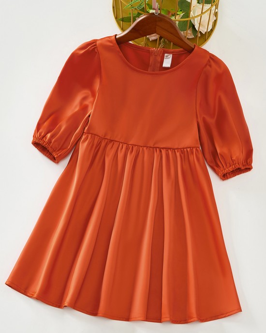 Sweet Orange Satin Round Neck Mom Girl Matching Dress