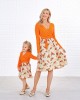 Sweet V-neck Long Sleeved Stitching Flower Orange Mom Girl Matching Dress