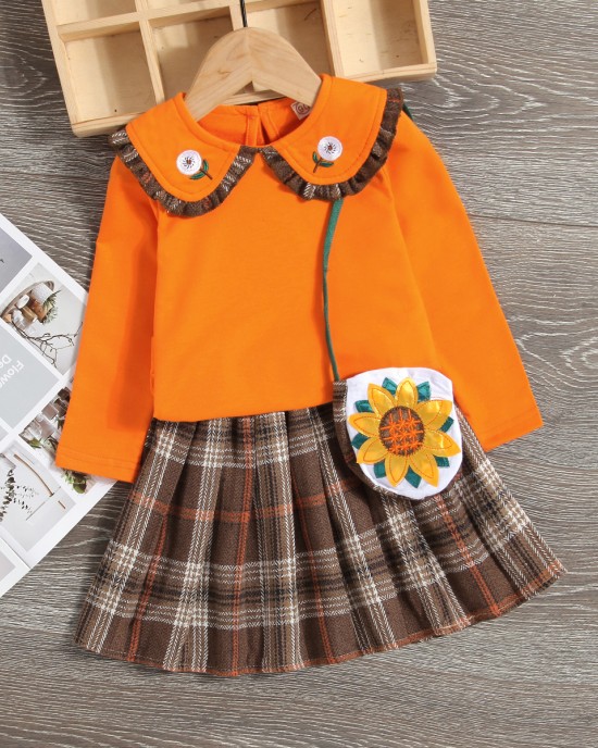 【18M-7Y】Girls Sweet Lapel Embroidered Top And Plaid Skirt Set With Bag