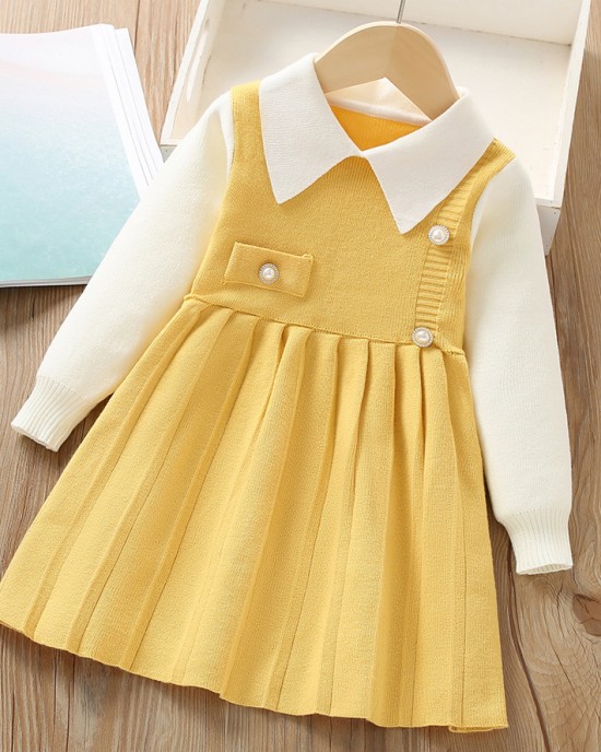 【18M-6Y】Girls Fashionable Fake Two Piece Lapel Sweater Dress