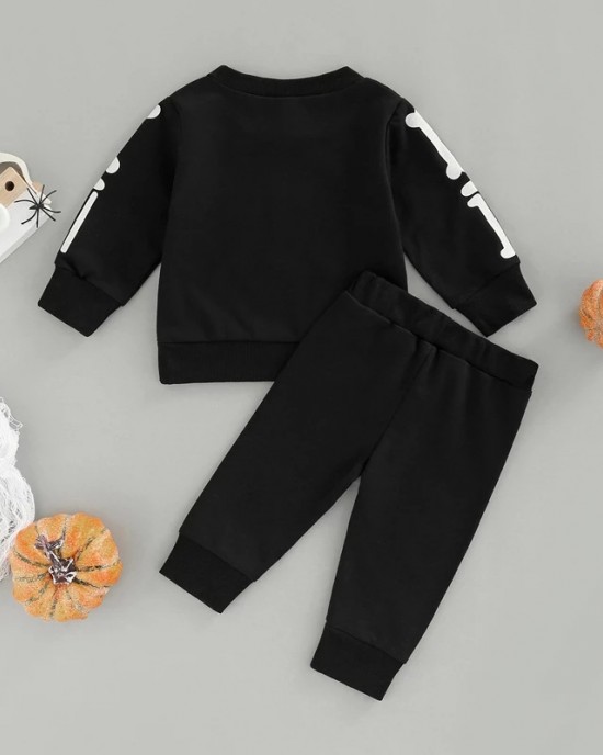 【6M-4Y】2-piece Boys Halloween Print Black Sweatshirt And Pants Set