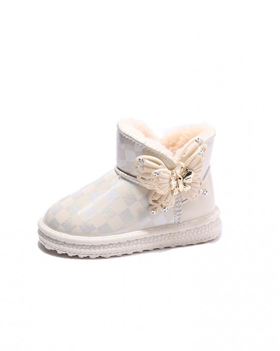 Girls Fashion Plaid Print Butterfly Snow Boots Thickened Fleece Boots