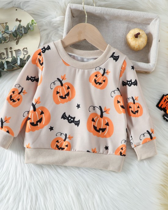 【6M-5Y】2-piece Kids Halloween Print Long Sleeve Sweatshirt And Pants Set