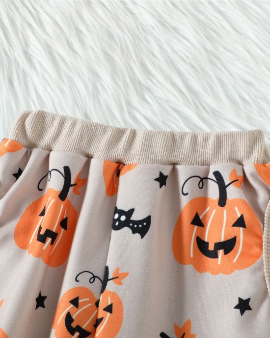 【6M-5Y】2-piece Kids Halloween Print Long Sleeve Sweatshirt And Pants Set