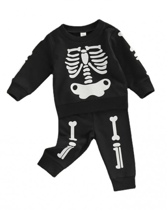 【6M-4Y】2-piece Boys Halloween Print Black Sweatshirt And Pants Set