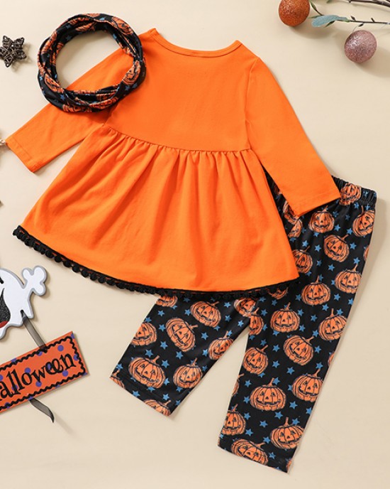 【12M-5Y】3-piece Girls Cute Halloween Print Dress And Pants Set