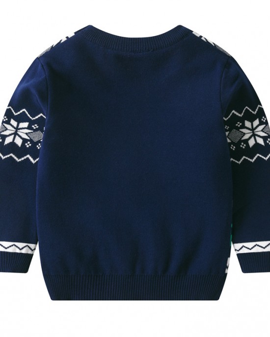 【2Y-8Y】Boy Keep Warm Christmas Tree Santa Hat Snowflakes Jacquard Colorblock Round Neck Sweater