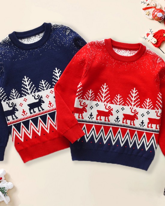 【2Y-8Y】Boy Christmas Elk Christmas Tree Jacquard Colorblock Round Neck Sweater