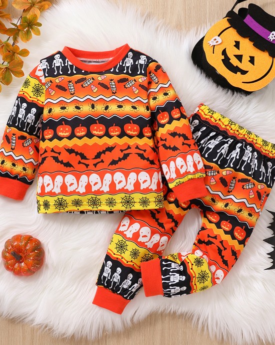 【12M-5Y】Unisex Cute Halloween Print T-shirt And Pants Set