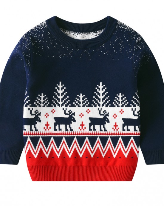 【2Y-8Y】Boy Christmas Elk Christmas Tree Jacquard Colorblock Round Neck Sweater