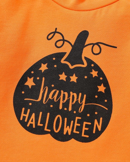 【12M-5Y】Girls Cute Halloween Print Long Sleeve T-shirt And Suspender Skirt Set
