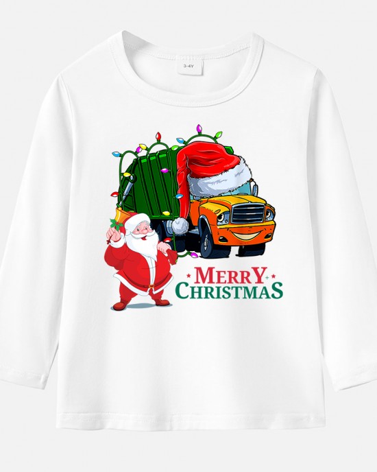 【12M-9Y】Unisex Kid Cotton Stain Resistant Christmas Truck Print Long Sleeve Tee