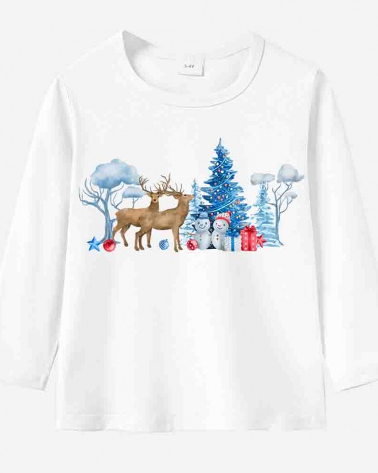 【12M-9Y】Unisex Kid Cotton Stain Resistant Christmas Print Long Sleeve Tee