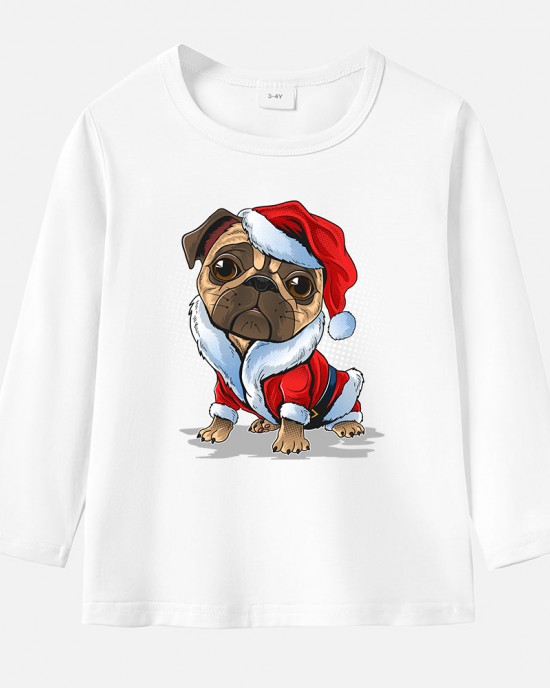 【12M-9Y】Unisex Kid Cotton Stain Resistant Christmas Dog Print Long Sleeve Tee
