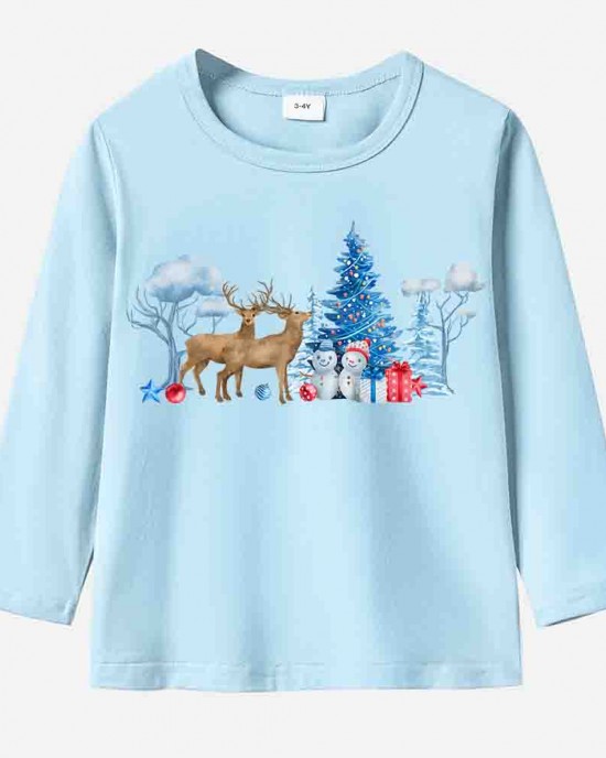 【12M-9Y】Unisex Kid Cotton Stain Resistant Christmas Print Long Sleeve Tee