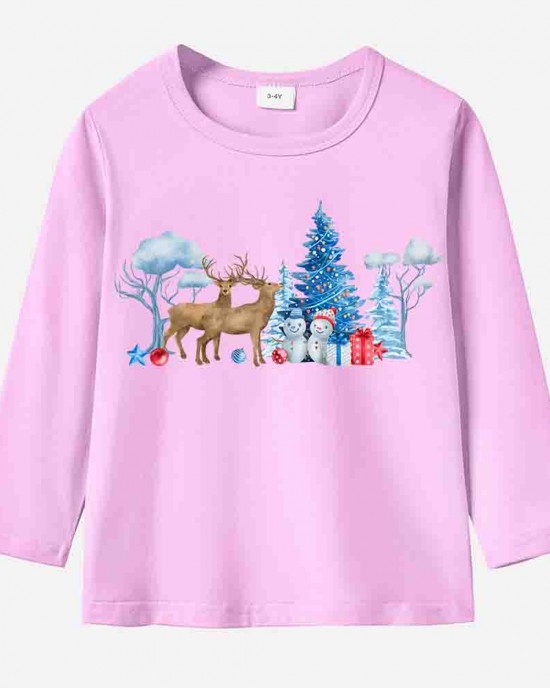 【12M-9Y】Unisex Kid Cotton Stain Resistant Christmas Print Long Sleeve Tee