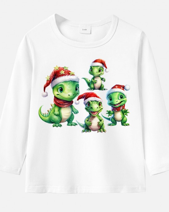 【12M-9Y】Unisex Kid Cotton Stain Resistant Christmas Dinosaurs Print Long Sleeve Tee